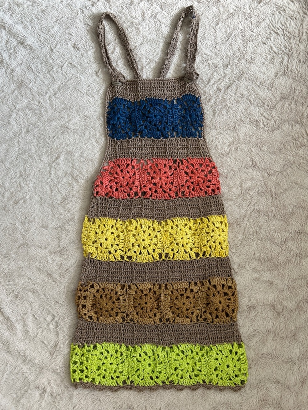 Opening Ceremony Crochet Mini Dress in Blue, Coral, Yellow, Brown, Lime & Taupe